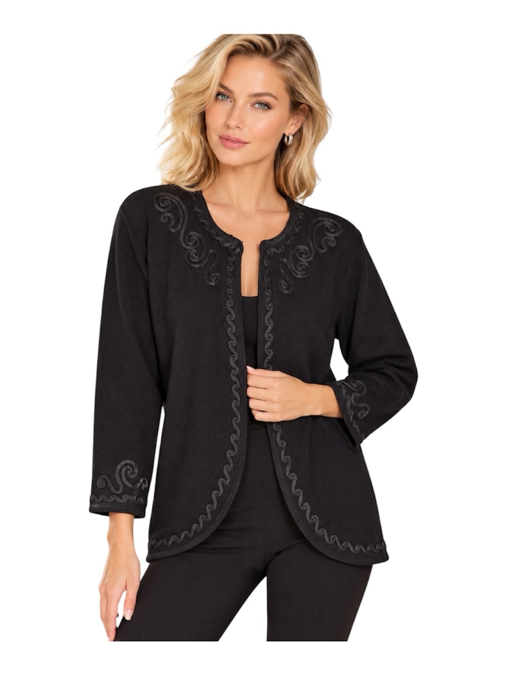 Vintage L’Eau Vive Black Soutache Braided Lace Embroidered Wool Blend Cardigan M